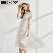 BXV真丝连衣裙女中长款2024夏桑蚕丝蛋糕裙飘逸白色长裙仙女裙子