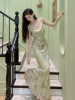 vintage复古烂花绡吊带斜裁连衣裙，春天一抹绿长裙