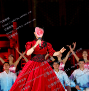 2023中国红泡泡袖，立领蓬蓬裙舞台，演出音乐会歌唱演出服装礼服