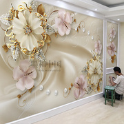 欧式花卉大气电视背景墙壁纸，5d珠宝装饰墙纸客厅，影视墙墙布8d壁画