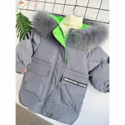 男童小童冬季韩版羽绒服灰色，真毛领中长款外套里绿色洋气大衣