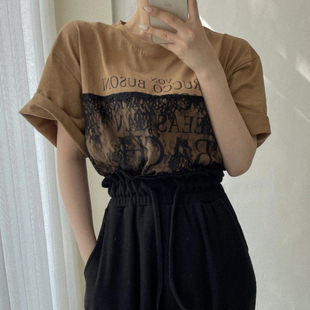 韩国chic夏季复古简约圆领字母印花拼接蕾丝设计宽松百搭短袖T恤