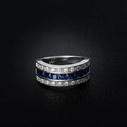 欧美风时尚仿坦桑石男士食指装饰指环单排钻蓝宝石镀铂金潮男戒指