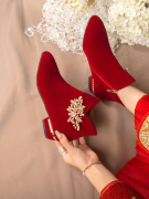 冬季婚鞋新娘鞋女2023年冬天高跟鞋红色靴子粗跟秀禾婚纱两穿