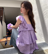 高贵香芋紫色上衣夏天衣服，小众独特别致荷叶边吊带女层层蛋糕背心