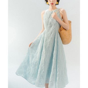 blushwhite 蓝绿色立体盘花连衣裙（无袖版/短袖版）定制面料