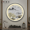 新中式山水情禅意客厅装饰画圆形带灯茶室背景墙挂画玄关氛围壁画