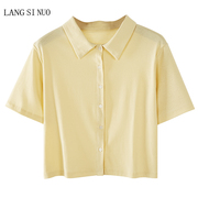 淡黄色短袖衬衫女夏季短款设计感小众polot恤宽松复古港味上衣潮
