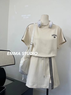 EMMA美式复古卫衣套装女夏季短袖薄款韩版甜美通勤休闲半裙两件套