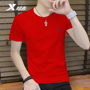 特步短袖T恤男2024夏季男士宽松棉T红色半袖运动上衣