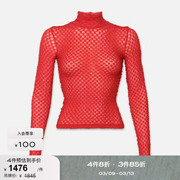 2023冬frame女士，红色高领镂空蕾丝，打底长t恤
