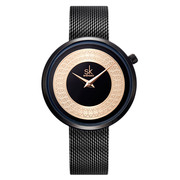 款士手表简约石英水钻表女时尚圆形黑色玫瑰金金属普通国产腕表
