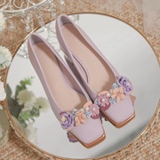 紫色绝美花朵方头高跟鞋女2024春夏新中式配马面裙子粗跟单鞋