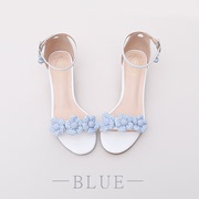 蓝色花朵时装女凉鞋一字式扣带露趾夏季清新粗中高跟学生鞋