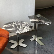 天然宝格丽大理石沙发边几不锈钢镜面，银色小桌子创意个性客厅圆几
