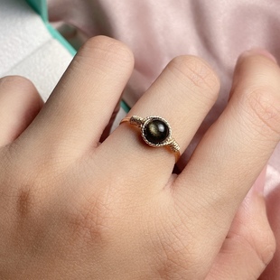 天然黑曜石戒指原创设计防小人转运珠简约复古不褪色手工注金指环