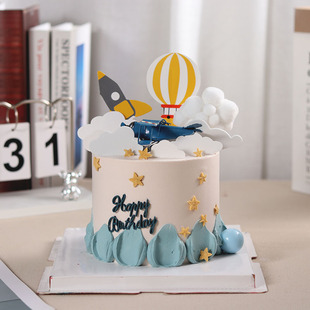 创意卡通小飞机儿童生日蛋糕装饰铁艺复古飞机摆件热气球火箭插件