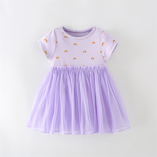 紫色彩虹网纱纯棉女童连衣裙，夏季欧美儿童可爱短袖，t恤裙宝宝裙潮