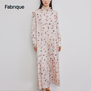 Fabrique 印花真丝混纺荷叶边连衣裙2023夏季女新中式连衣裙