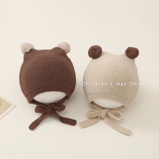 ins秋冬款韩国婴儿，可爱球球针织帽男女宝宝护耳，系带毛线保暖帽子