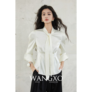 wangxo重磅奢贵高级双面缎，光泽华丽一体式飘带领收腰长袖衬衫女