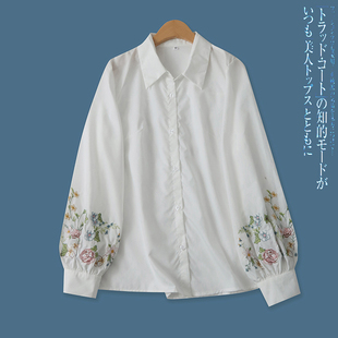 刺绣衬衣春季外贸女装百搭时尚单排多扣显瘦长袖白衬衫16371
