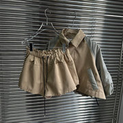 XIWA欧洲站英伦风褶皱拼接设计感外套工装风抽绳A摆短裤套装