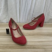 外贸原单工装女单鞋红色时尚粗跟公主鞋一字扣带粗跟cos婚鞋