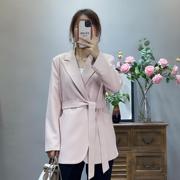 女装春季韩版中长款外套纯色小西装，修身显瘦粉色收腰西服直筒