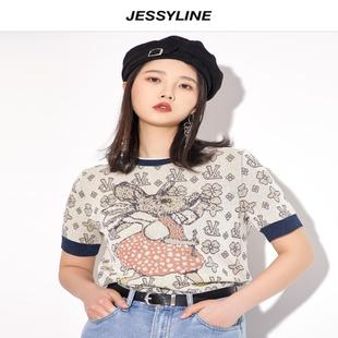 jessyline2021夏装杰茜莱字母，卡通薄款短袖针织衫，女上衣潮