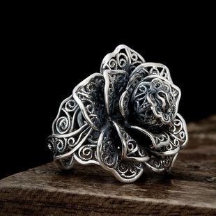 欧美复古牡丹泰银戒指女士时尚夸张花朵配饰食指藏银指环闺蜜礼物