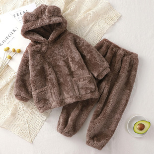 冬季儿童小熊家居套装睡衣女童，男童毛毛套装，宝宝加厚款家居服罩衣