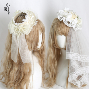 白色lolita日系优雅扁帽子，洛丽塔蕾丝头纱，生成头饰花嫁黑色小礼帽