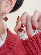 新年红色四叶草耳环女网红轻奢小众设计感精致耳环银针防过敏耳饰