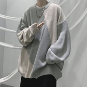 圆领毛衣男款冬季美式潮牌线衣外套，设计感小众拼接撞色针织衫