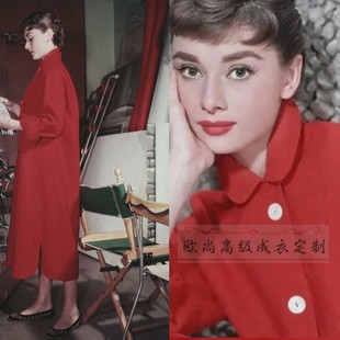 高级定制奥黛丽赫本同款红色羊毛大衣外套，女宽松长款复古简约摩登