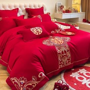 高档中式结婚四件套大红色，龙凤刺绣被套床单纯棉，婚庆床上用品婚房