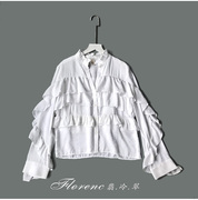 欧美白色纯棉复古浪漫立领多层荷叶边单排扣长袖直筒纯色通勤衬衫