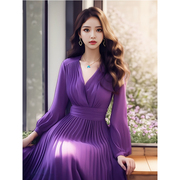 韩系穿搭性感御姐风长裙，高级感风情万种紫色，雪纺v领连衣裙子女春