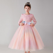 圣诞节女童礼服裙长长袖公主裙网纱，蓬蓬甜美长裙粉红色连衣裙m113