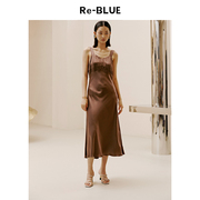 re-blue轻奢优雅女装简约大气，气质舒适醋酸混纺，高腰线(高腰线)丝感连衣裙