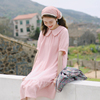 花吉q412粉色天丝垂感甜美娃娃领短袖，连衣裙2023夏中长款裙子