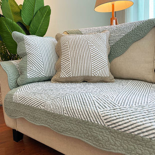简约现代条纹全棉布艺防滑沙发，垫子组合坐垫纯棉四季通用靠垫