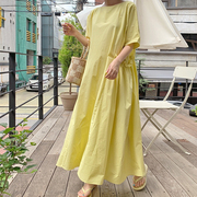 夏装韩版宽松显瘦短袖，黄色大码连衣裙女休闲气质a字大摆长裙