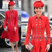 高端定制凯特王妃同款红色双排扣羊毛外套连衣裙女中长款修身大摆