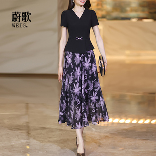 黑色假两件长款碎花连衣裙女夏2025新款气质拼接修身显瘦减龄长裙