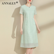 Annally2024夏季女装连衣裙浅绿色蕾丝宽松中长款女短袖A字裙