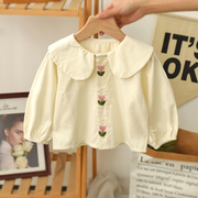 女童衬衫长袖纯棉春秋款2024公主韩版女宝宝，上衣洋气婴儿衬衣