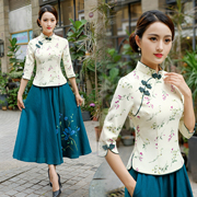 唐装女中国风改良旗袍上衣，两件套复古汉服，中式禅意茶艺师采耳服装