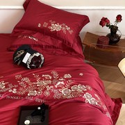 luxury刺绣囍结婚庆床上四件套纯棉，全棉婚s床大红色床单被套